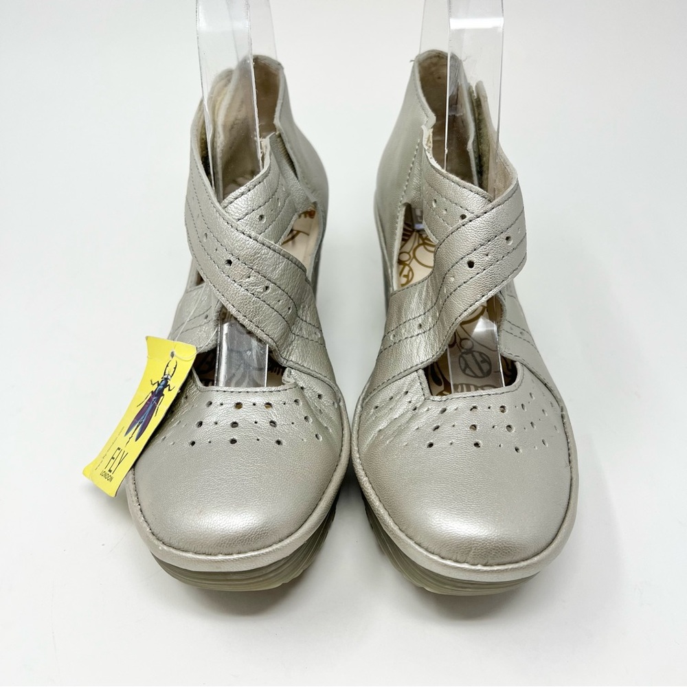 Fly London Silver Leather Wedge Mary Jane - Picture 3 of 12